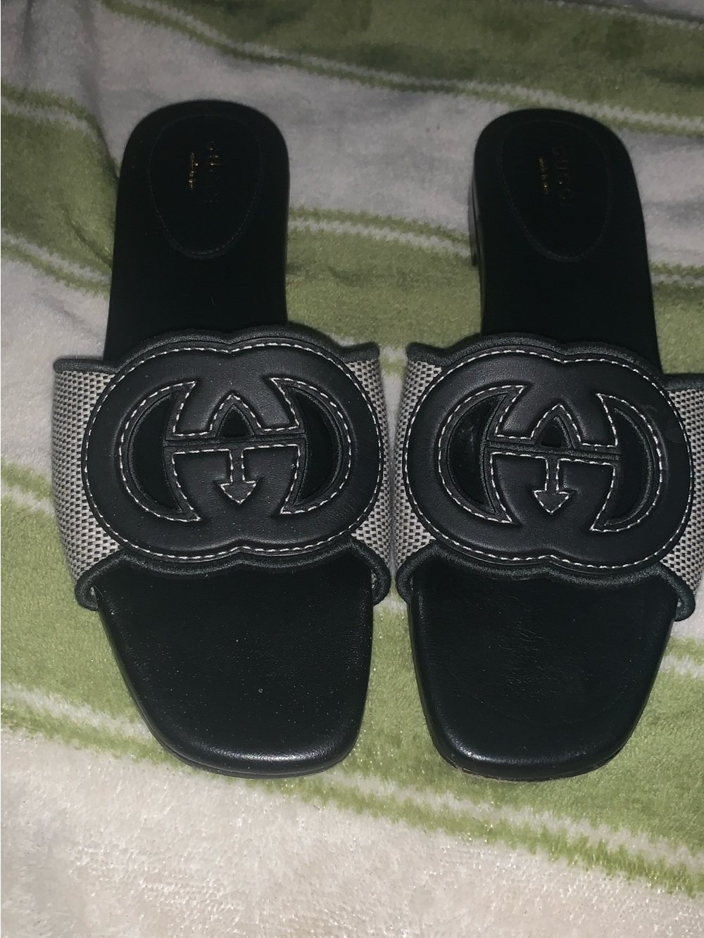 Gucci Black Leather Logo Slide Sandals with Gray Strap Accent
